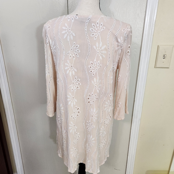lulus eyelet lace wms lined mini dress 3/4 slv sz L ivory white aline boho hippy - Picture 8 of 11